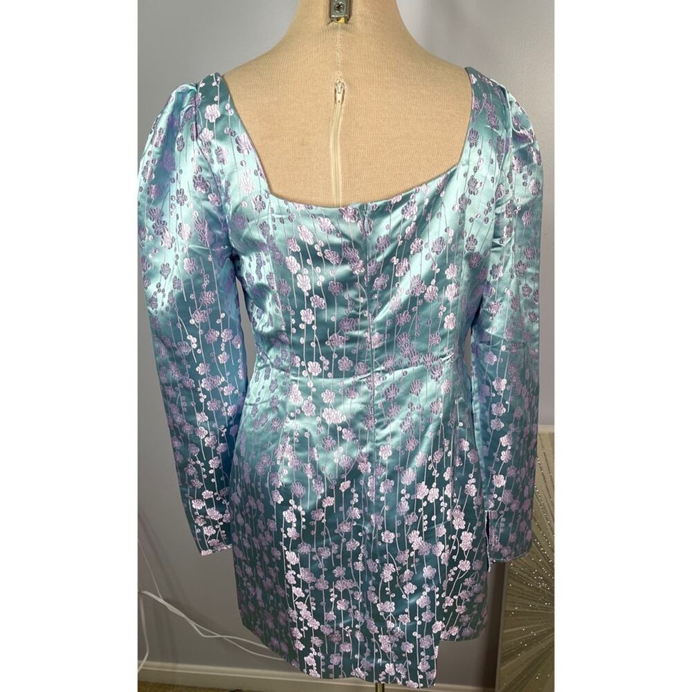 SAU LEE Jen Chinese Jacquard Floral Long Sleeve Mini Dress in Blue Size 12 - Picture 13 of 15
